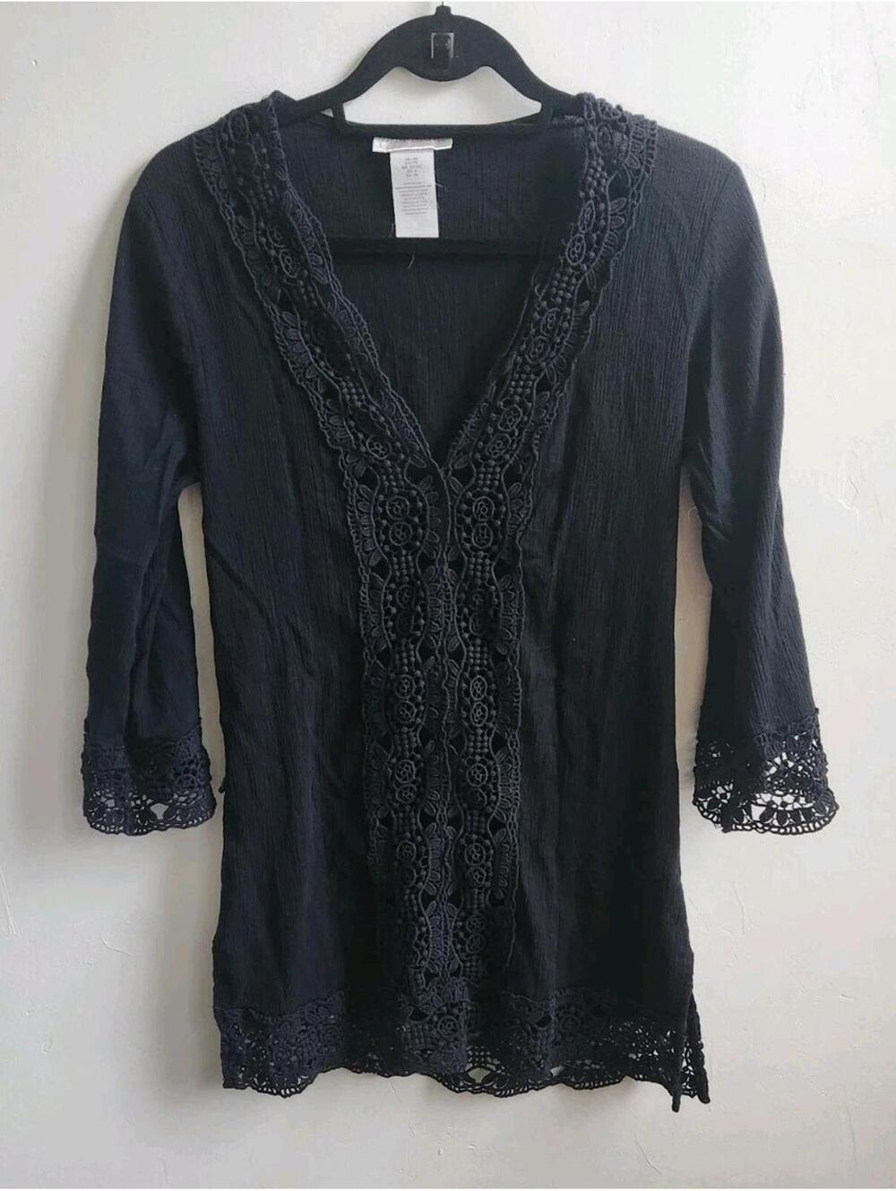 La Blanca Island Fare V Neck 3/4 Sleeve Cotton Tunic Black Swim Coverup Size XS